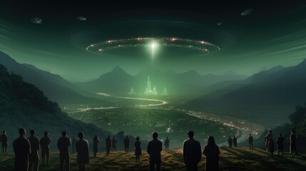 a photo surrealism crowd surrounding the mysterious alien star ships, Minimalist retro sci-fi art collage, AI Generative