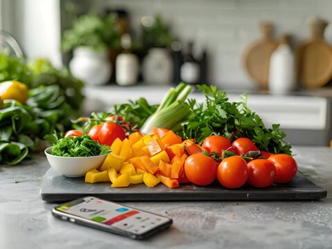 A photo of a variety of fresh vegetables, including bell peppers, tomatoes, and spinach, arranged on a cutting board with a smart phone on the side