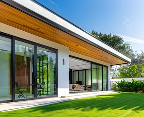 Modern house with large glass doors and sliding windows on the terrace, white walls, wooden ceiling, black frames, green lawn in front of it, blue sky. The house has a style reminiscent of stock photo