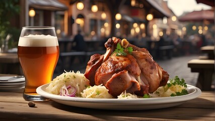  A photorealistic image showcasing Schweinshaxe (pork knuckle) with Sauerkraut and beer in a traditional German Biergarten setting, capturing the essence of German cuisine and outdoor dining experienc - obrazy, fototapety, plakaty