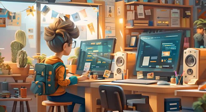 A young boy sitting at a desk in his home office, surrounded by computers and other technology.