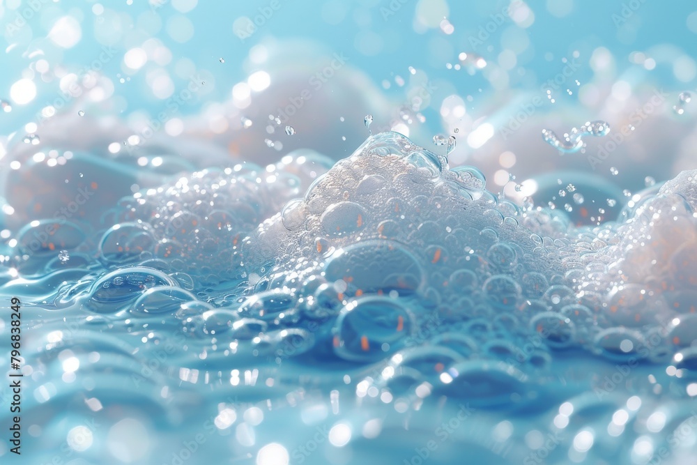 Poster close-up image capturing the intricate patterns and vibrant reflections of light on soap bubbles wit