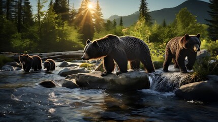 A Family of Bears Fishing in a Crystal-Clear River: Witnessing Wildlife Interaction and Natural Beauty





 - Powered by Adobe