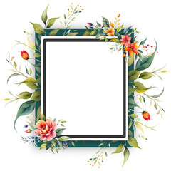 Green white frame border and flowers with watercolor painting illustration style. PNG transparent available.