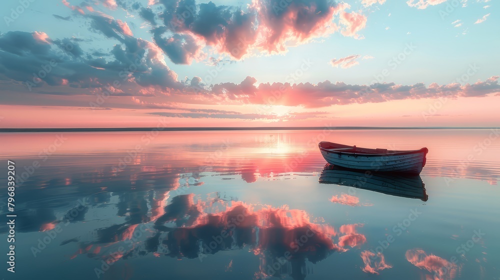 Poster a boat is floating on a calm lake with a beautiful sunset in the background. the reflection of the b
