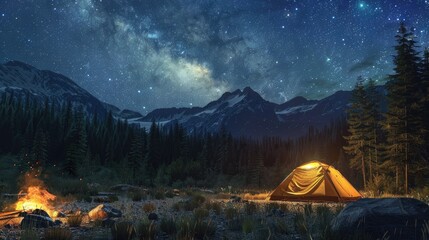 Immerse viewers in a photorealistic wilderness camping scene at eye-level with extended reality overlays of constellations in a deep, starlit sky,