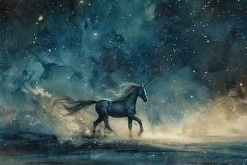 Obraz premium Showcase the enigmatic elegance of a graceful unicorn prancing under the shimmering stars, its mane flowing like liquid silver under the moonlit sky