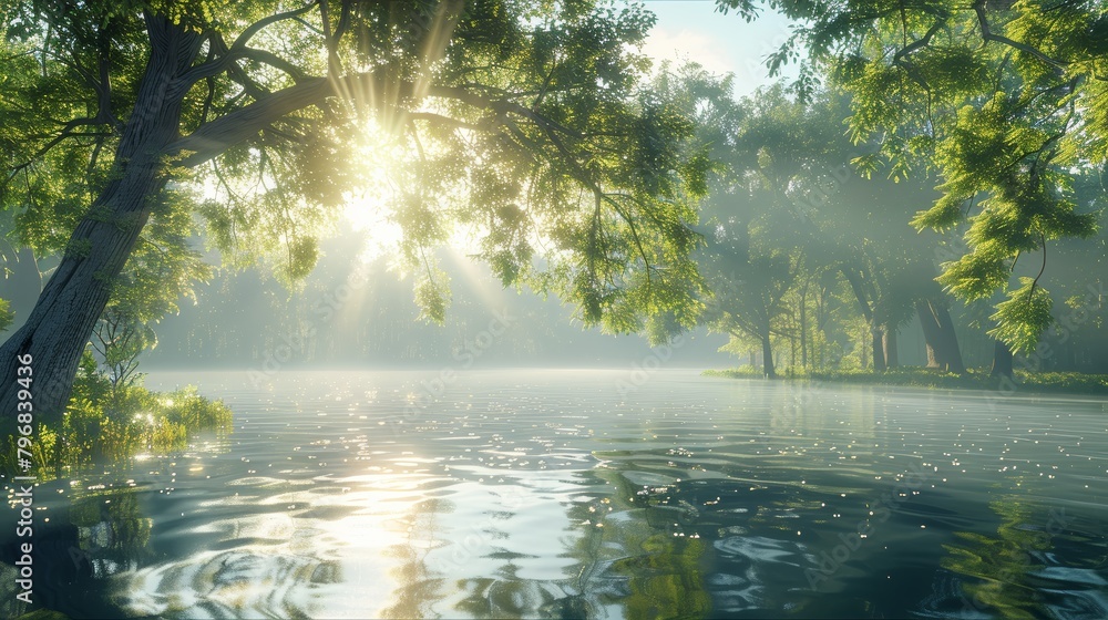 Poster A beautiful scene of a lake with trees in the background. The sun is shining on the water, creating a peaceful and serene atmosphere