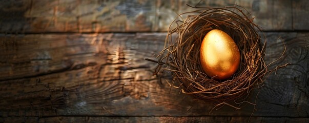 Golden Egg in Nest on Textured Wooden Surface Symbolizing Financial Foresight and Growth Potential