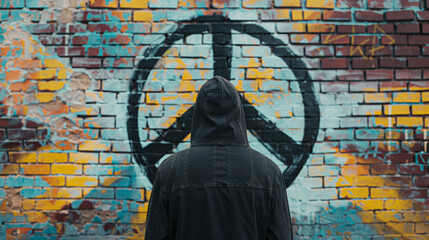 Hooded man looking at peace sign on wall. Graffiti on a brick wall