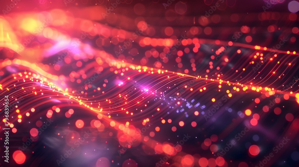 Poster glowing abstract tech landscape with quantum computer network and weaving fiber optic cables