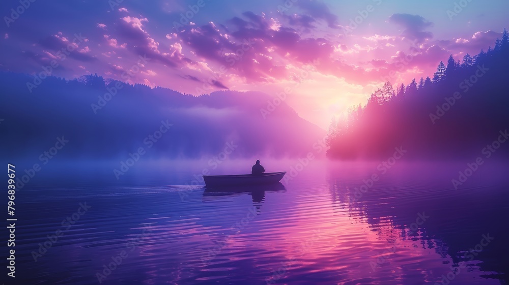 Poster A boat is floating on a lake with a beautiful sunset in the background. The sky is filled with clouds and the water is calm