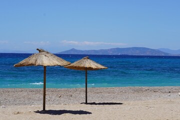 View of a beach in Glyfada, Greece, on a sunny day of April