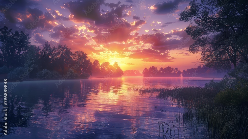 Poster a beautiful sunset over a lake with trees in the background. the sky is filled with clouds and the s