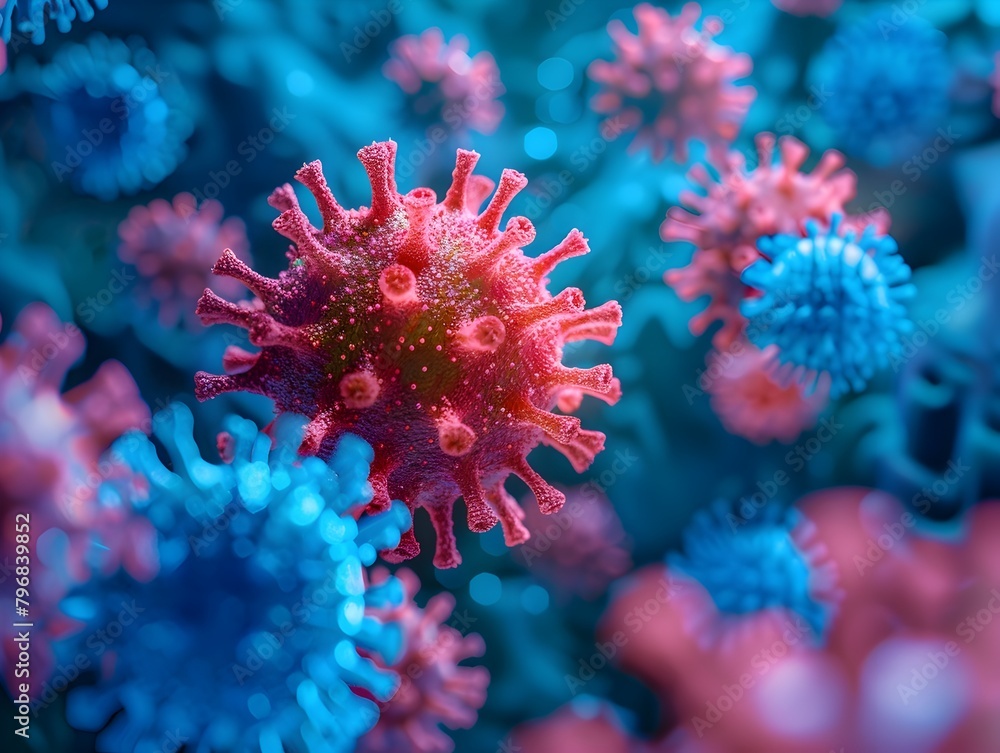 Poster vivid red virus stands out in cluster of blue viruses 3d visualization of mutation in microscopic wo