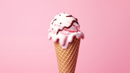 Close-up of melting milk cute ice cream in a waffle cone, isolated on a flat pink background with...