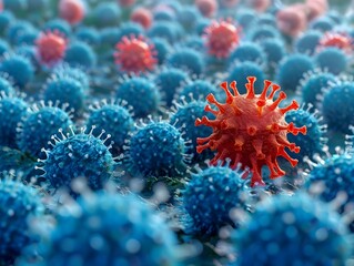 Naklejka na ściany i meble Red Viral Mutation Amidst Blue Virus Landscape Highlighting Impact of Viral Spread and Disease Progression