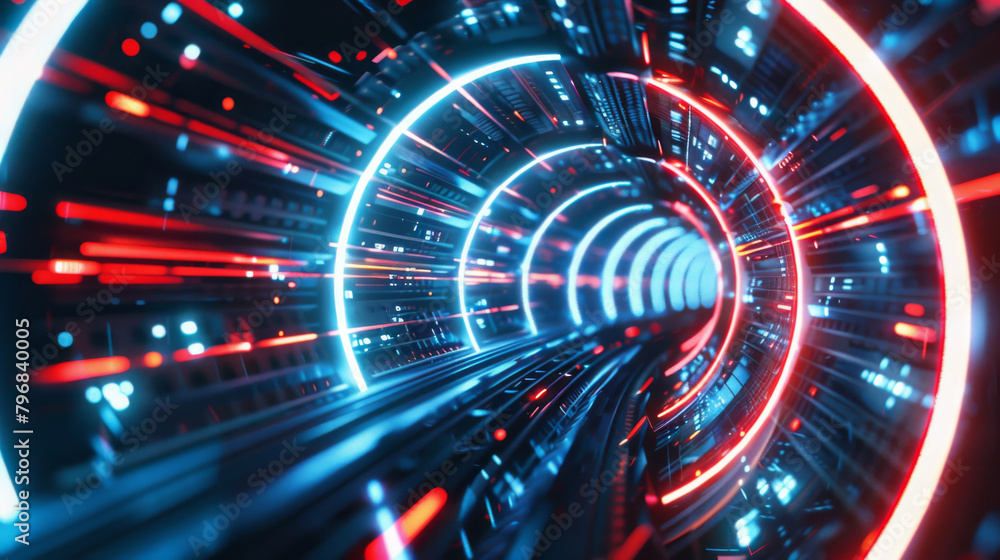Poster abstract digital tunnel of blue and red neon lights, symbolizing high-speed data transfer