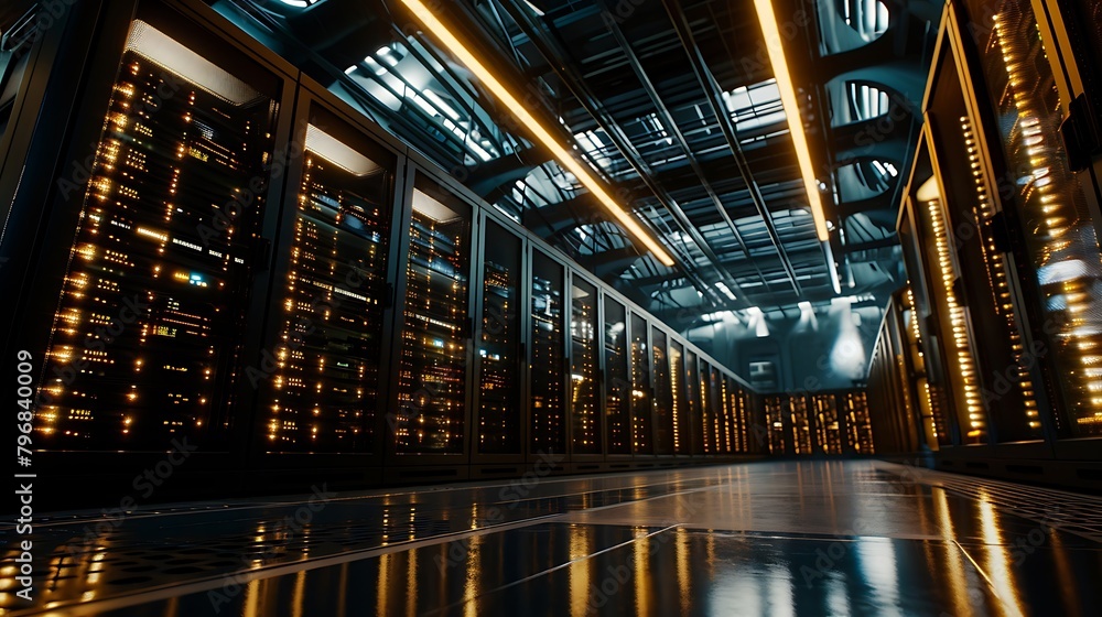 Poster a data center housing rows of high-performance servers engineered for optimal efficiency and scalabi