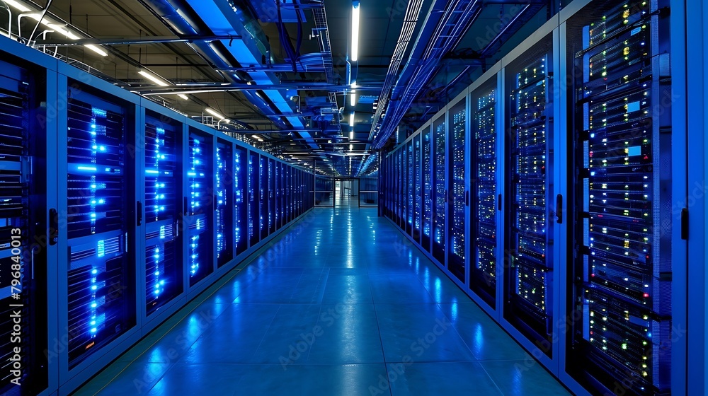 Poster a data center housing rows of high-performance servers engineered for optimal efficiency and scalabi