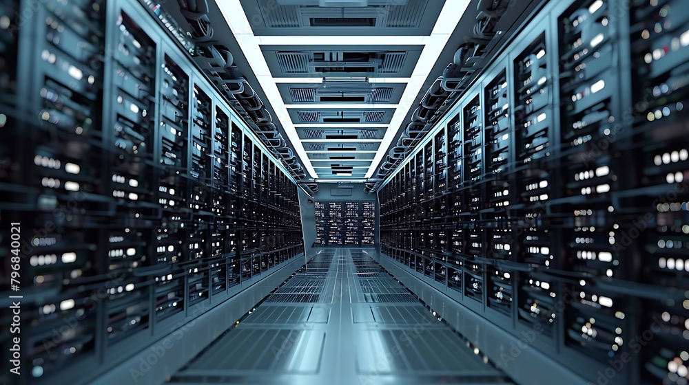 Poster a data center housing rows of high-performance servers engineered for optimal efficiency and scalabi