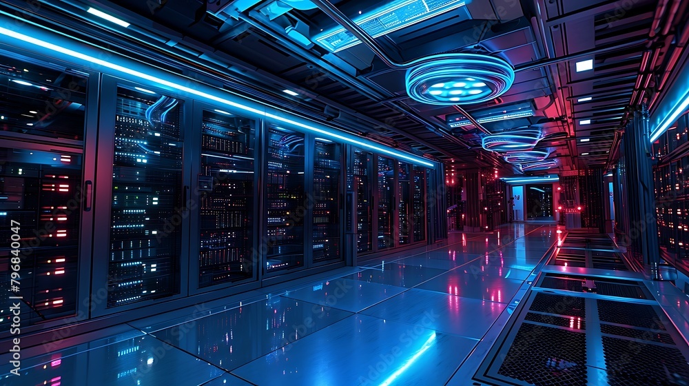 Poster a data center housing rows of high-performance servers engineered for optimal efficiency and scalabi