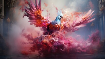 a portrait mystical ethereal bird melting dripping swirling sublimating exploding into colorful smoke, AI Generative
