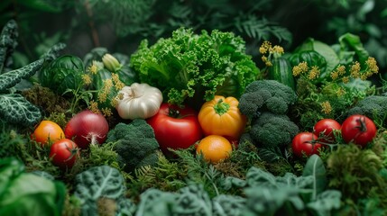 A variety of vegetables including broccoli, tomatoes, and lettuce are displayed in a garden setting. Concept of freshness and abundance, as the vegetables are ripe and ready to be harvested