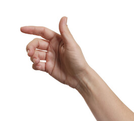 Woman showing hand on white background, closeup