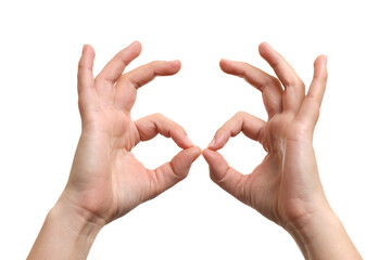 Woman holding something in hands on white background, closeup