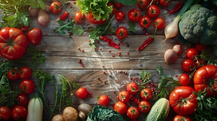 A table full of fresh vegetables including tomatoes, broccoli, and peppers. The table is covered in a variety of vegetables, with some of them being sliced and others whole