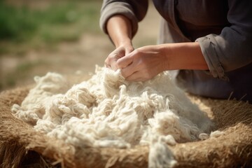 Old man gathers sheared sheep wool from ground on farm yard closeup. Mature farmer processes animal...