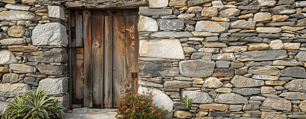 wooden door of mountain old farmhouse Closed wooden door in stones bark in old French village in Alps.

 