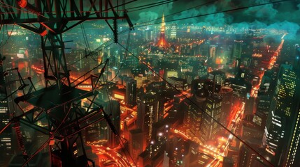 A bird's eye view of a vibrant metropolis at night, with high-power transmission lines crisscrossing the skyline, powering the city's constant motion.