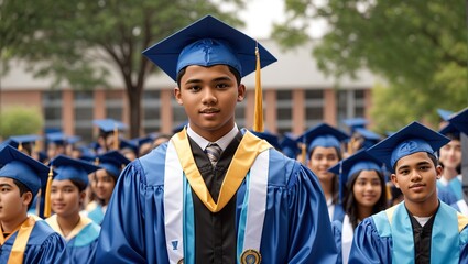 A young man in a blue graduation gown is standing in a group of other graduates.