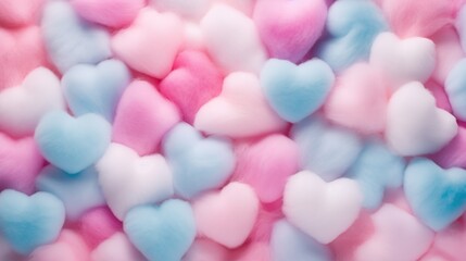 Colorful heart shape cotton candy, pastel color background. Close up of cute cotton candy representing love and romance. Lovely valentine sweet backdrop. Top View, From Above, Flat Lay. - Powered by Adobe