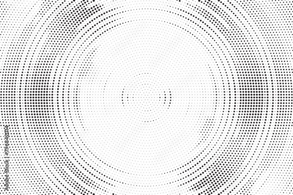 Aufkleber Radial halftone gradient background. Dotted concentric texture with fading effect. Black and white circle shade wallpaper. Grunge rough vector. Monochrome backdrop