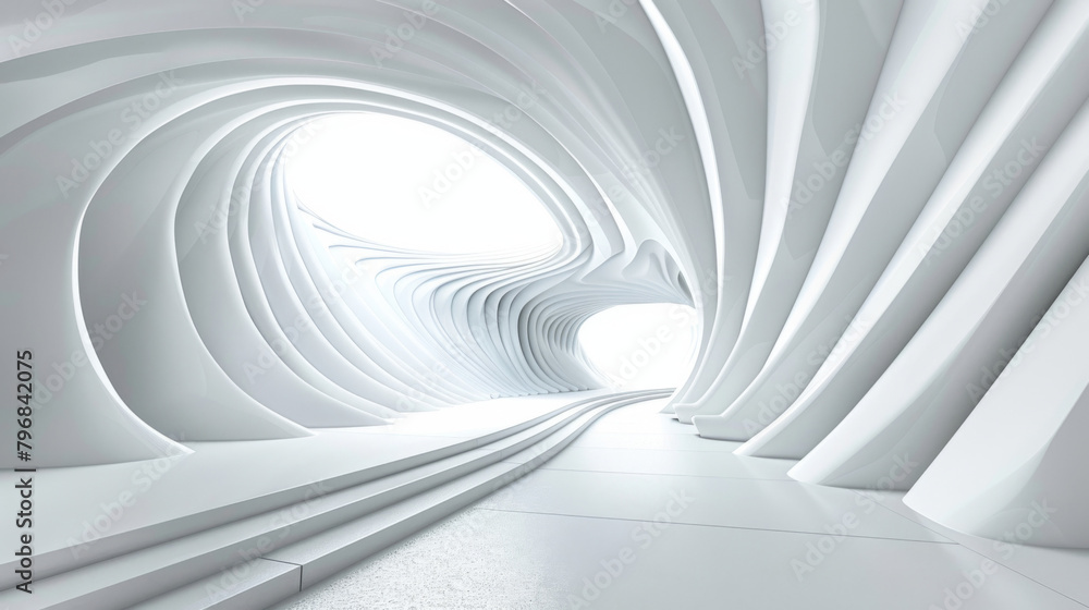 Poster modern abstract architecture with wavy walls and a bright corridor, conveying a futuristic setting