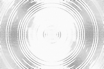 Radial halftone gradient background. Dotted concentric texture with fading effect. Black and white circle shade wallpaper. Grunge rough vector. Monochrome backdrop