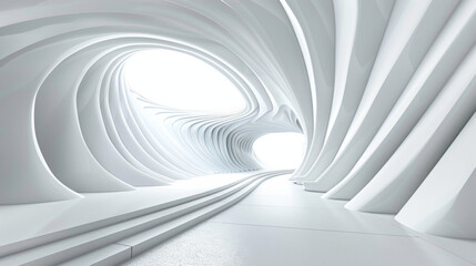 Modern abstract architecture with wavy walls and a bright corridor, conveying a futuristic setting