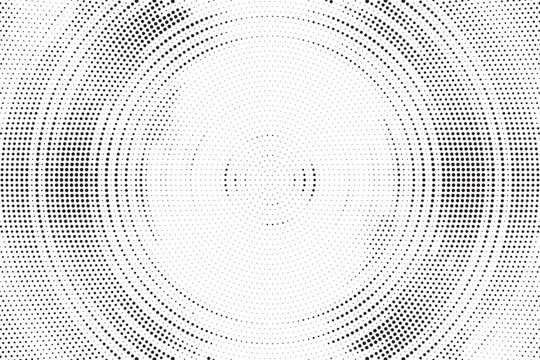 Radial halftone gradient background. Dotted concentric texture with fading effect. Black and white circle shade wallpaper. Grunge rough vector. Monochrome backdrop
