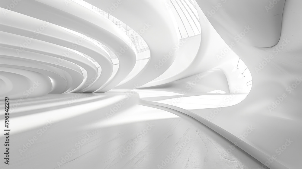 Poster Minimalistic design highlighted by soft natural light in a futuristic white interior with flowing curves