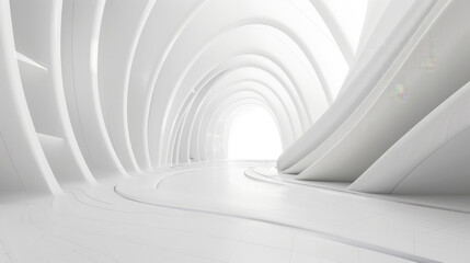 Modern architectural design showcasing a sleek, curved white corridor with vanishing point