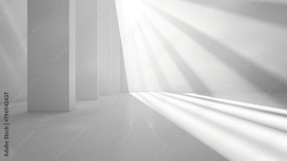 Poster sleek white room with sunlight creating dramatic shadows through columns