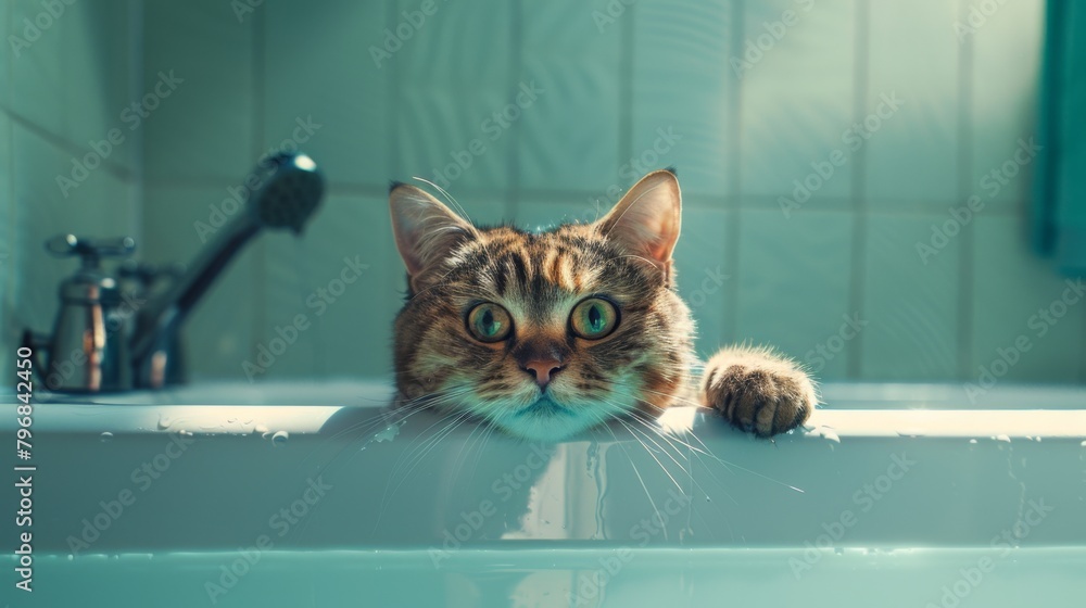 Poster A cat begrudgingly enduring a bath while perched on the edge of a bathtub, its expression conveying a mix of annoyance and resignation.