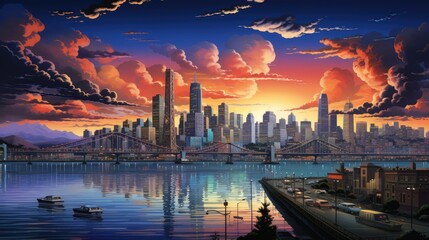 a photo Pixel art of a bustling city skyline with futuristic architecture, AI Generative - obrazy, fototapety, plakaty