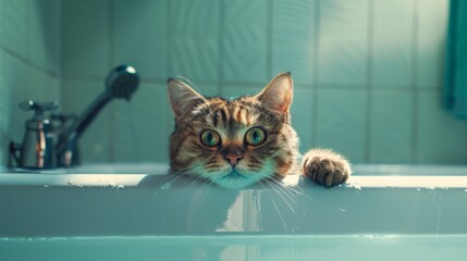 A cat begrudgingly enduring a bath while perched on the edge of a bathtub, its expression conveying a mix of annoyance and resignation.