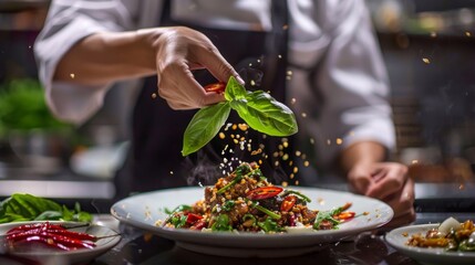 A chef garnishing a plate of Pad Kra Pao with fresh basil leaves and sliced chili peppers - obrazy, fototapety, plakaty