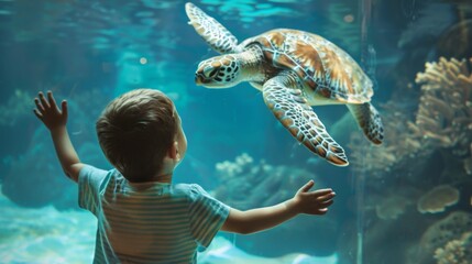 A child marveling at a sea turtle swimming in a large aquarium tank, inspiring awe and appreciation for marine life conservation.