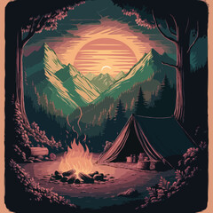 camping in the forest with mountain background